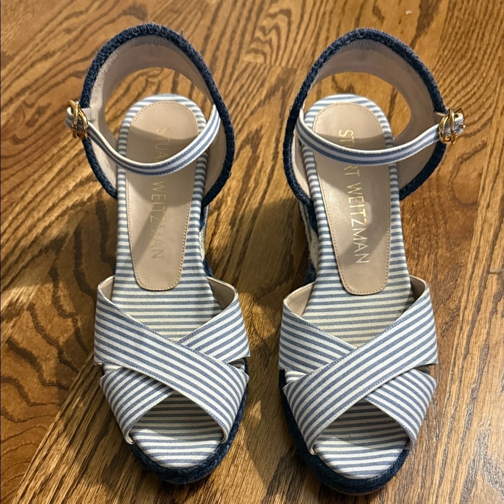 Stuart Weitzman Navy and White Espadrille Sandals
